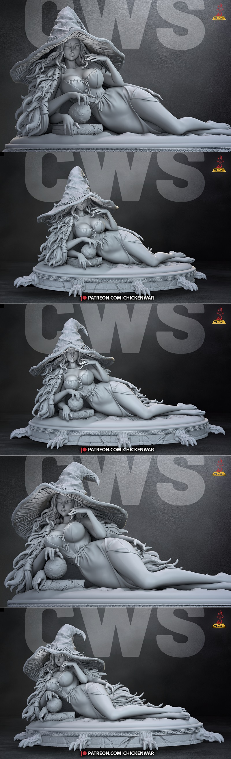 Ranni figure from Elden Ring by CW Studio, reclining seductively in a revealing dress and large witch hat, holding a...