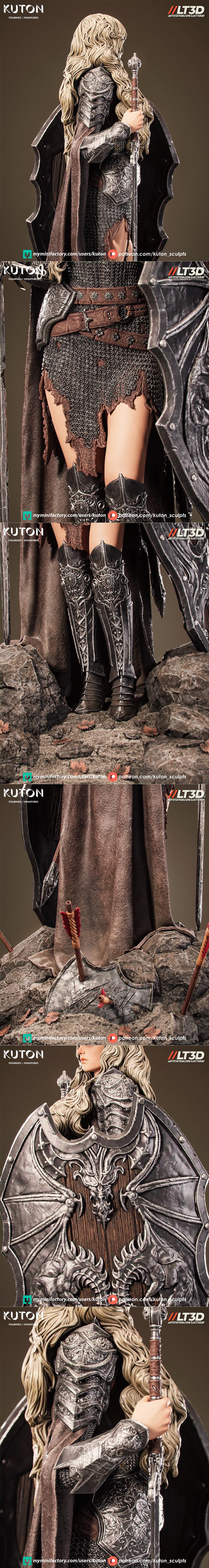 Female warrior Ardyn in chainmail armor, holding a sword and dragon-emblazoned shield, standing on a rocky base with...