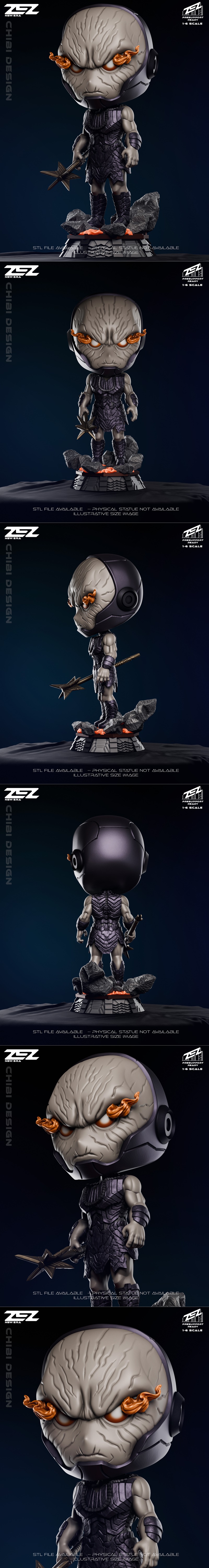 Chibi Darkseid figure by ZEZ Studios, standing on a rocky base with orange energy accents, holding a star-shaped staf...