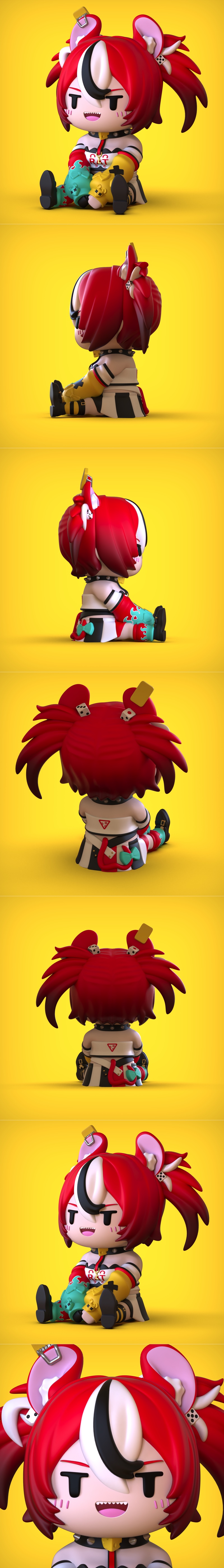 Chibi Baelz 3D model figure with red and black hair, mouse ears, and a playful smile, sitting and holding teal and ye...