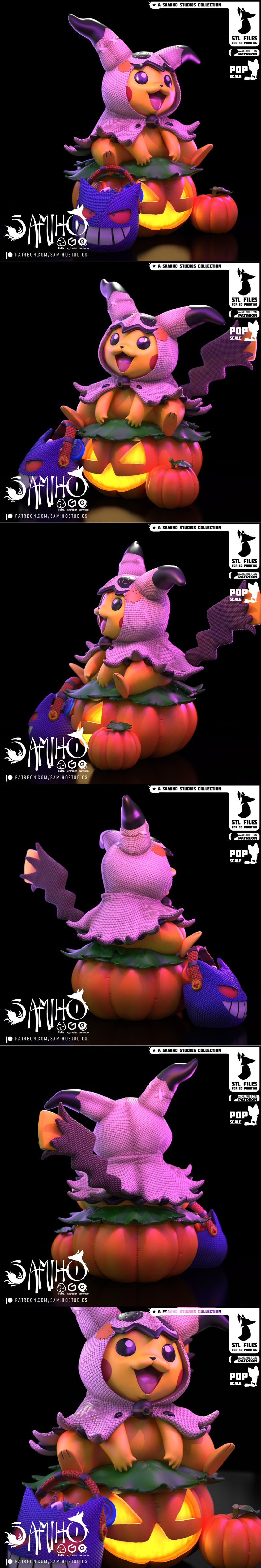 3D model of Mimikyu Pikachu sitting on a jack-o'-lantern, wearing a tattered costume. A Gengar-themed trick-or-treat...