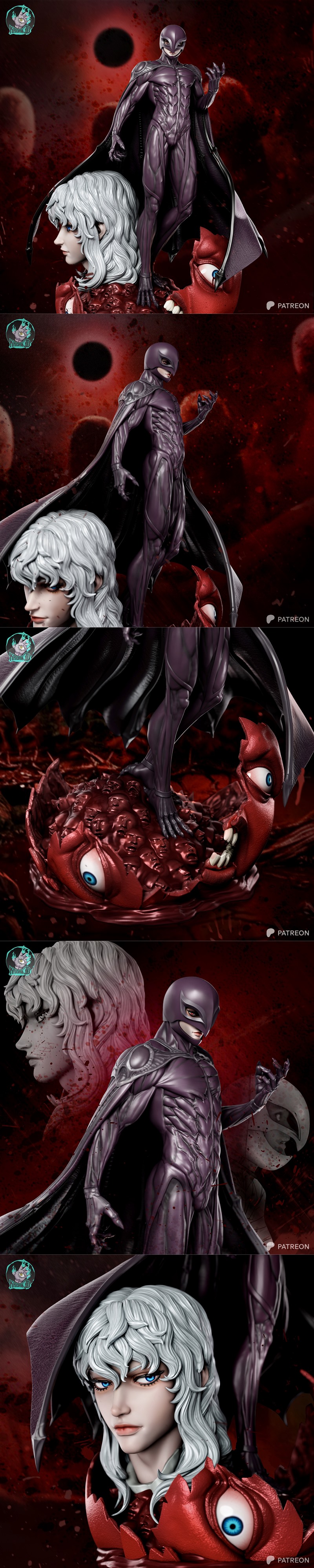 Femto figure from Berserk standing on a base of screaming faces, wearing sleek armor and a flowing cape. Dark fantasy...