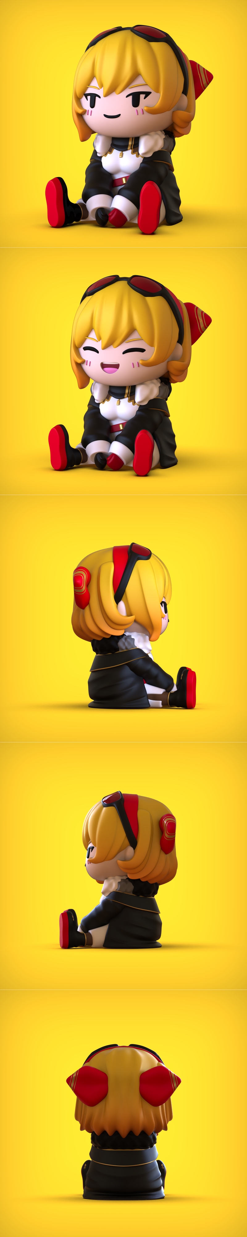 Chibi Kaela 3D model figure with yellow hair, red goggles, and a black and white outfit, seated with red shoes.