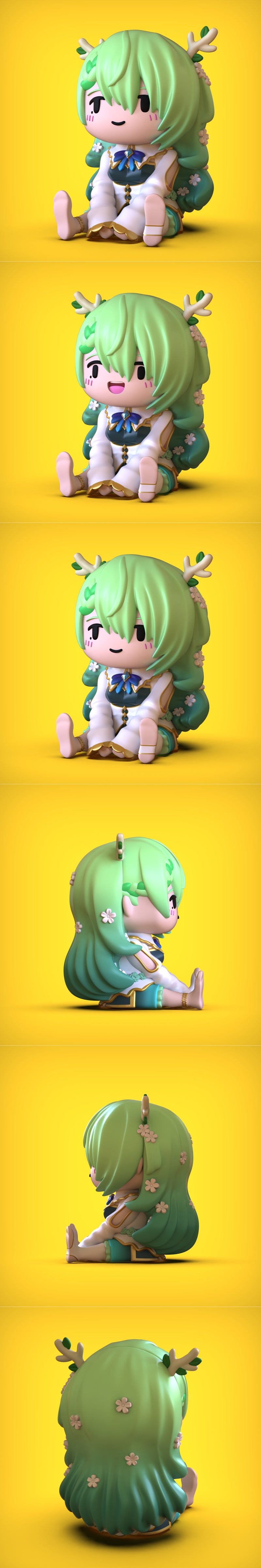 Chibi Fauna 3D model figure with green hair, antlers, and white/blue outfit, sitting against a yellow background.