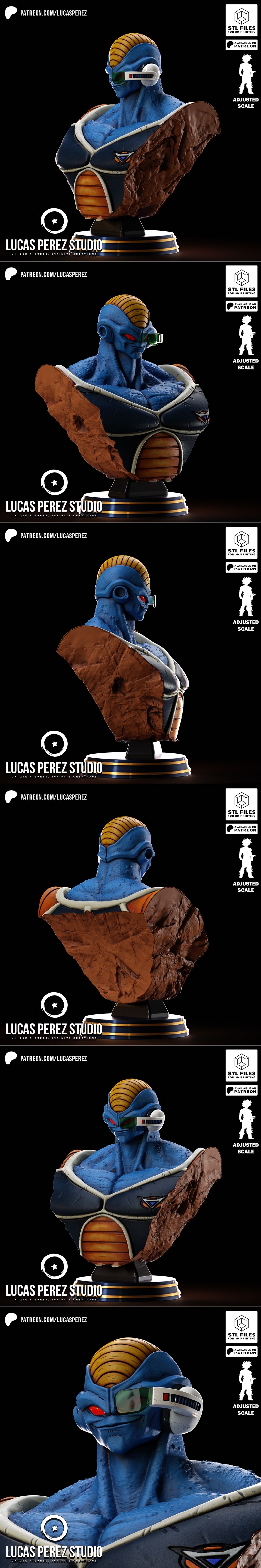 3D printable bust of Burter from Dragon Ball Z, featuring blue skin, red eyes, and detailed armor, presented on a bla...