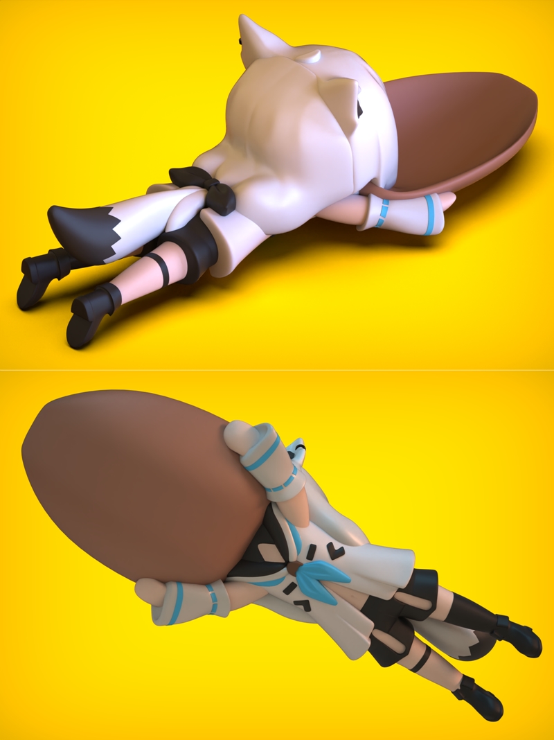 Chibi Shirakami Fubuki figure lying on a large spoon, wearing her signature outfit with fox ears and tail.