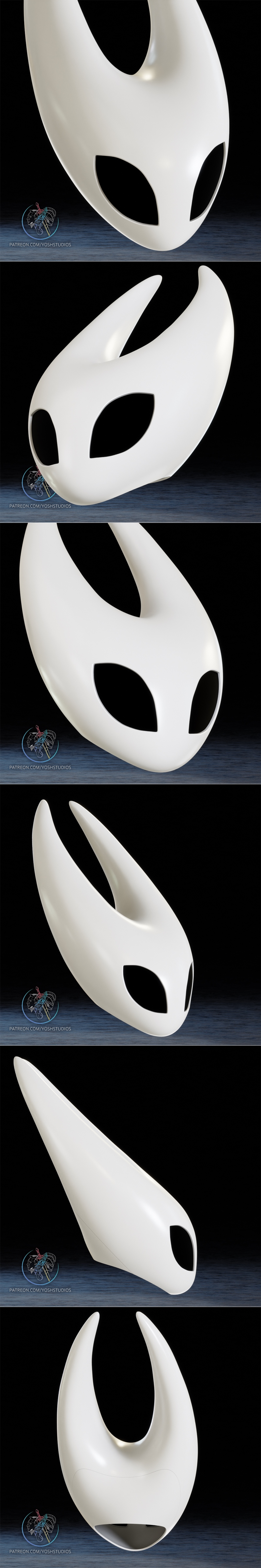 White mask of Hornet from Hollow Knight, featuring large curved horns and eye slits. Model by Yoshstudios.