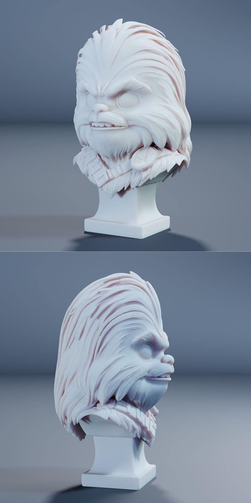 3D printable bust of Baby Chewbacca from Star Wars, featuring large eyes, a furry texture, and a playful expression,...