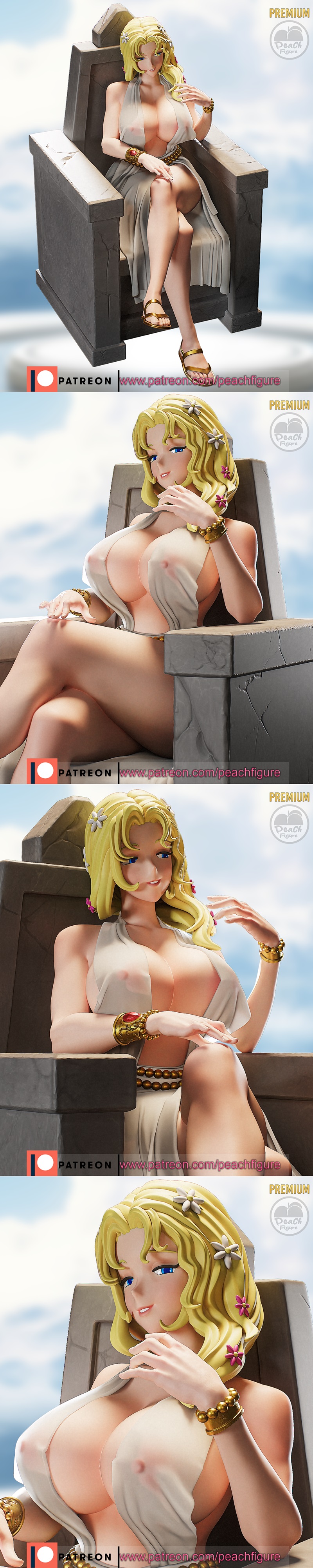 Aphrodite figure seated on a stone throne, wearing a draped white garment and golden sandals. Blonde hair with flower...