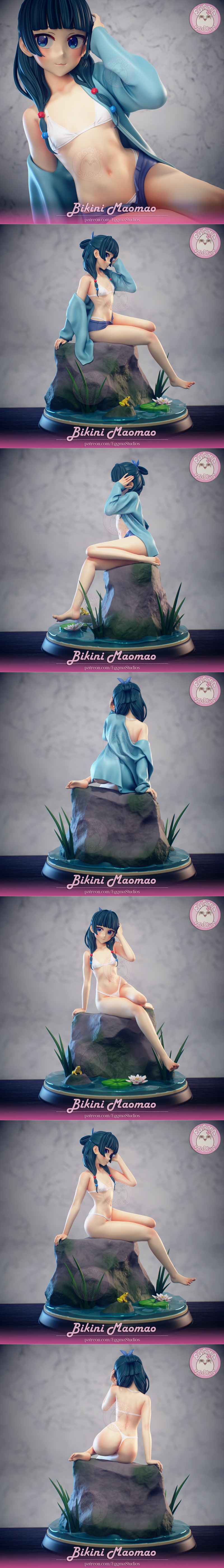 Maomao from The Apothecary Diaries in a bikini, sitting on a rock by a pond with a frog and lotus flower. She wears a...