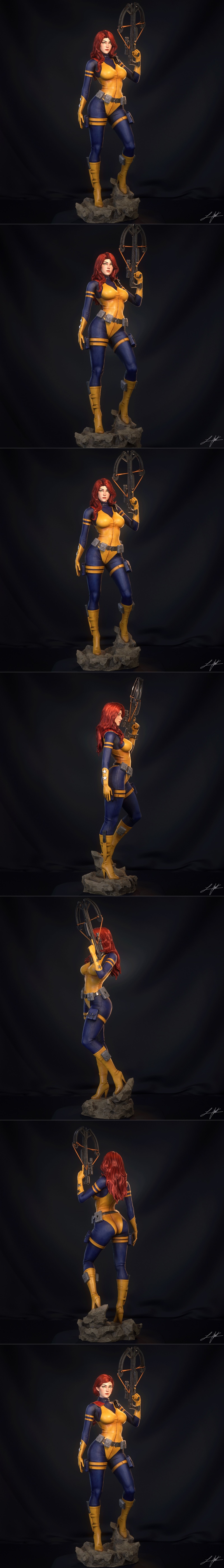 Scarlett from G.I. Joe, a 3D printable figure by Abe3D, holding a crossbow. She wears a yellow and blue suit with yel...