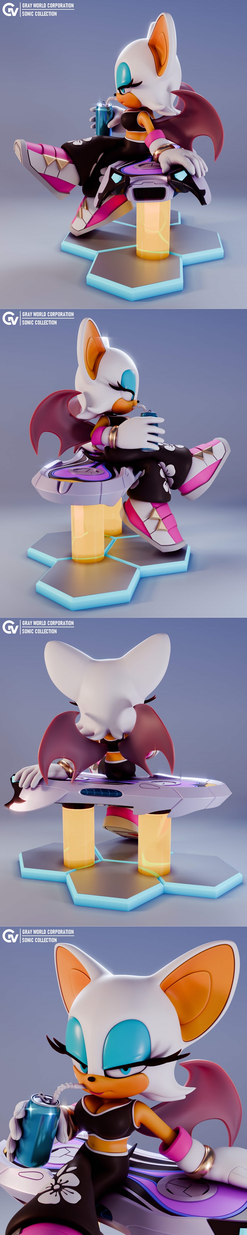 Rouge the Bat from Sonic Riders sitting on a hoverboard and drinking from a can, wearing a black crop top and pink-ac...