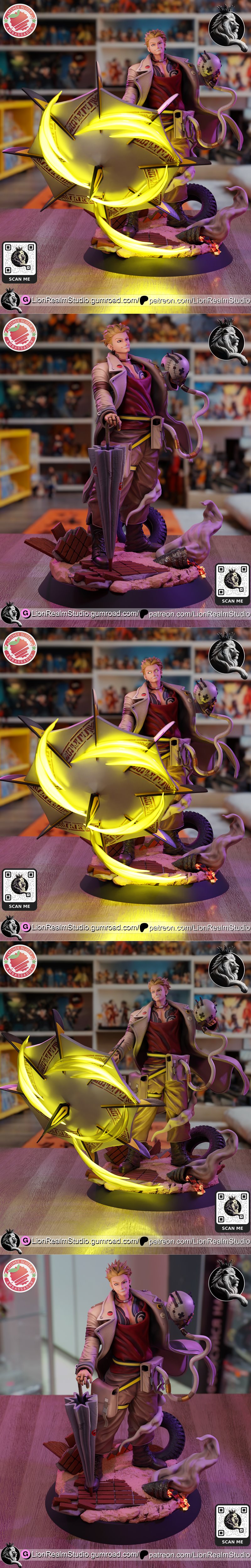 3D printable figure of Enjin from Gachiakuta, standing on a rubble-filled base, holding an umbrella, with a skull acc...