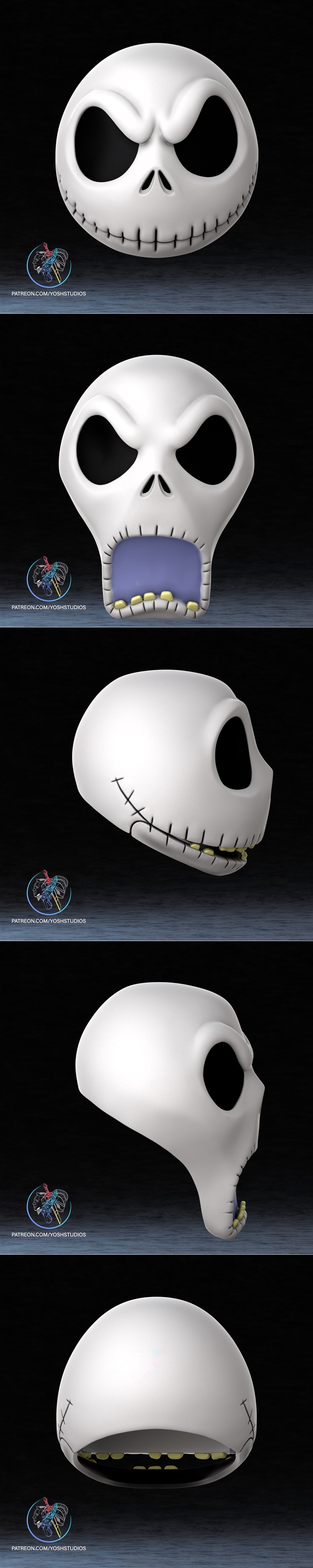 3D model of Jack Skellington's mask, featuring large black eye sockets, a small stitched nose, and a wide grin with v...