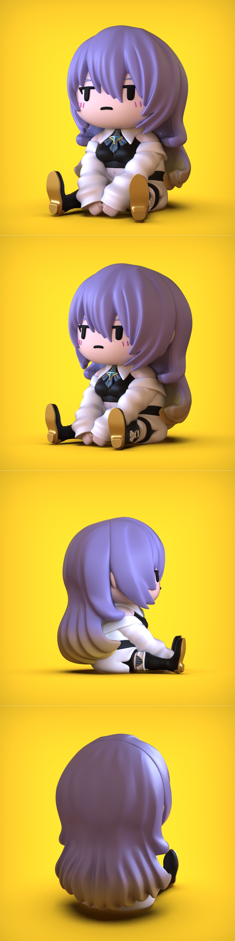 Chibi Moona 3D model figure with purple hair, sitting down, wearing a black outfit with white sleeves and a blue emblem.