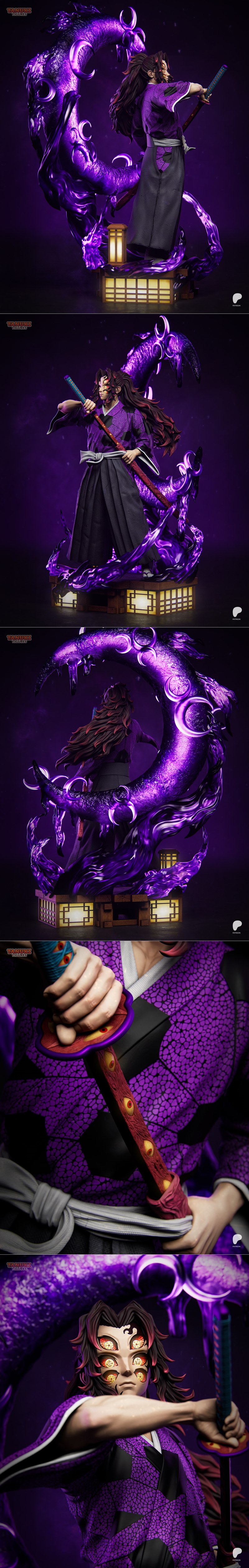 Kokushibo from Demon Slayer, a 3D printed figure by Tanuki Figures, stands with sword drawn, surrounded by purple ene...