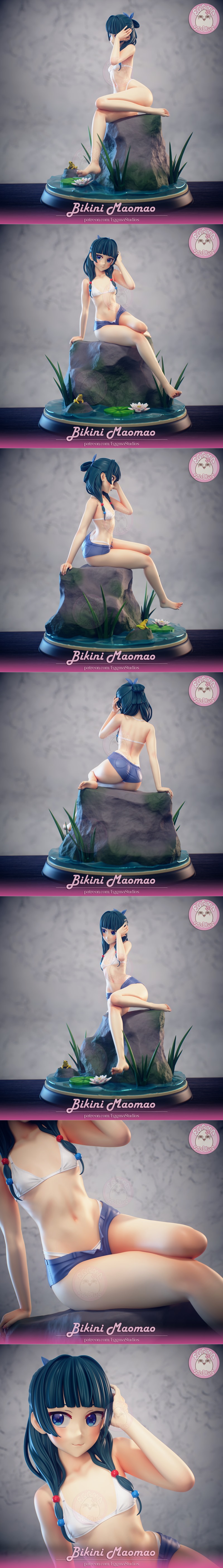 Maomao from The Apothecary Diaries in a bikini, sitting on a rock by a pond with a frog and lotus flower. She wears a...
