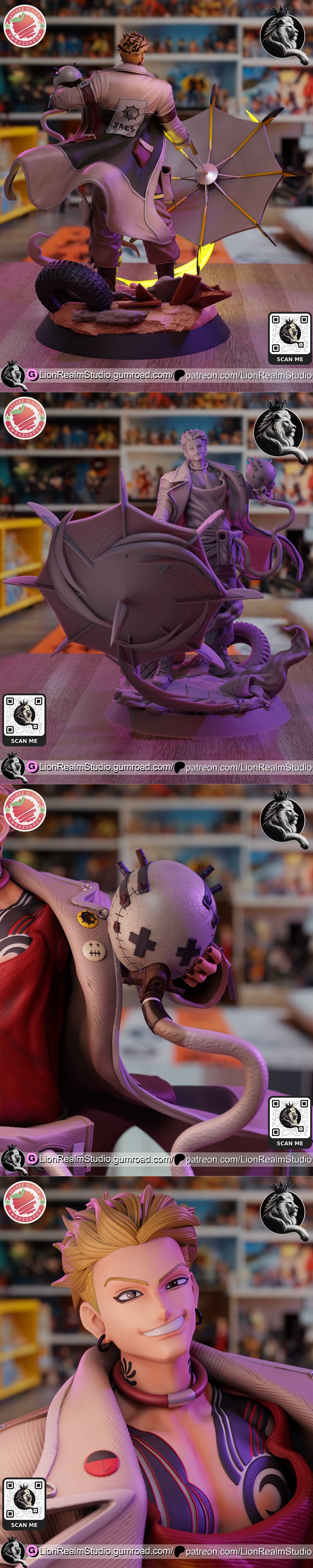 3D printable figure of Enjin from Gachiakuta, standing on a rubble-filled base, holding an umbrella, with a skull acc...