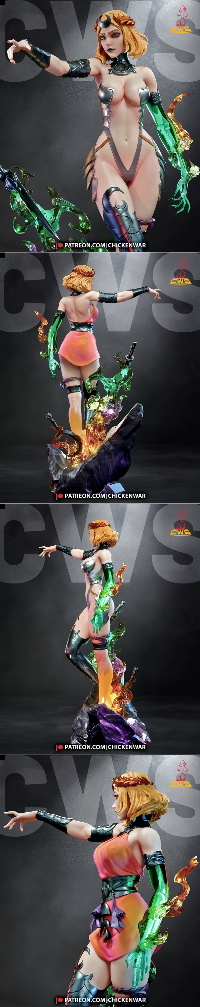 3D model of Melinoe from Hades, posed dynamically with one arm raised, wearing an orange dress and dark armor. She ha...
