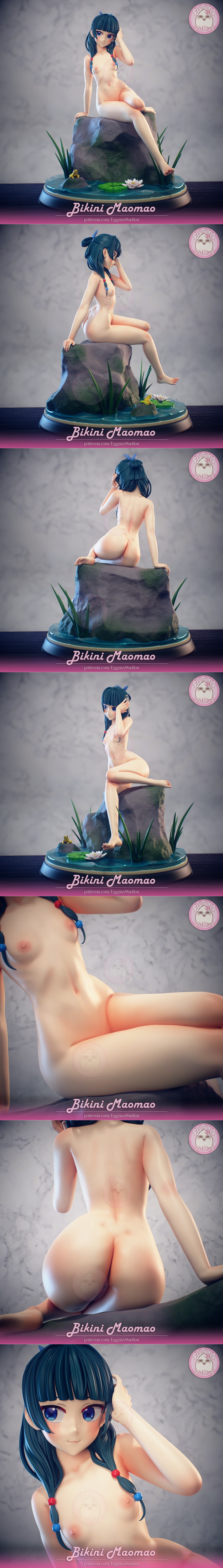 Maomao from The Apothecary Diaries in a bikini, sitting on a rock by a pond with a frog and lotus flower. She wears a...