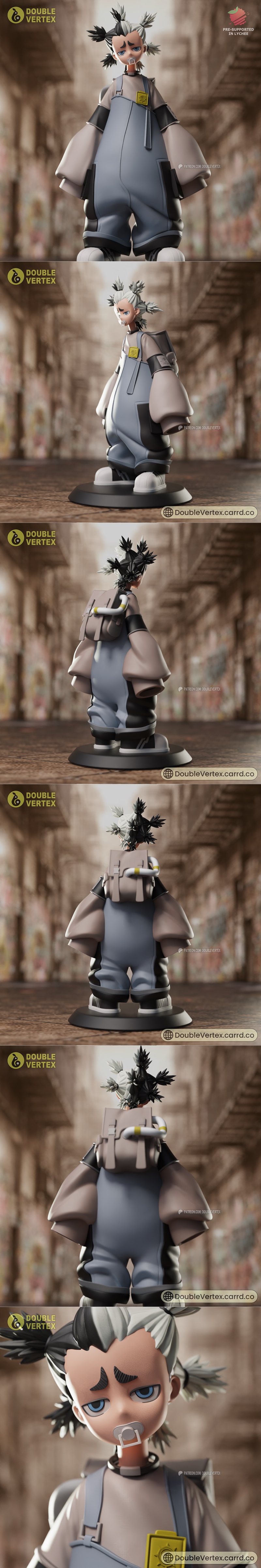 3D printable figure of Gachiakuta character by Double Vertex, wearing blue overalls, a t-shirt, and sneakers, with sp...
