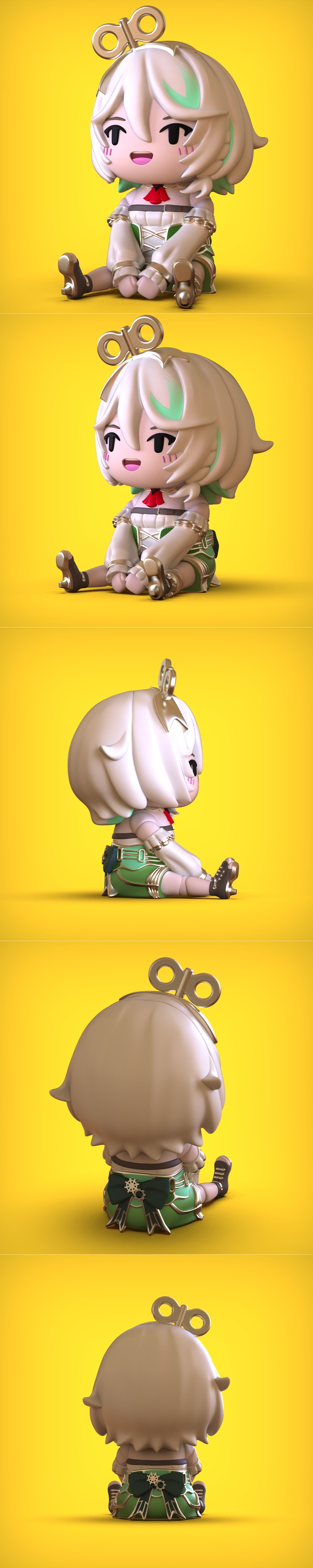 Chibi Cecilia 3D model figure with white hair, green accents, red bow, and a gold wind-up key on her head, sitting down.