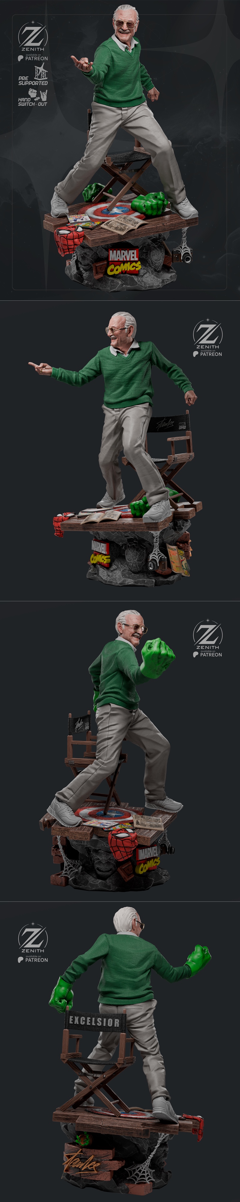 3D model of Stan Lee in a green sweater and tan pants, striking a pose with comic book elements like Captain America'...