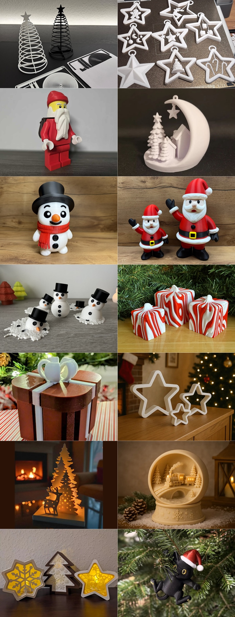 Collection of 3D printed Christmas miniatures: Merry Christmas sign, snowman, Santa in sleigh with reindeer, Christma...