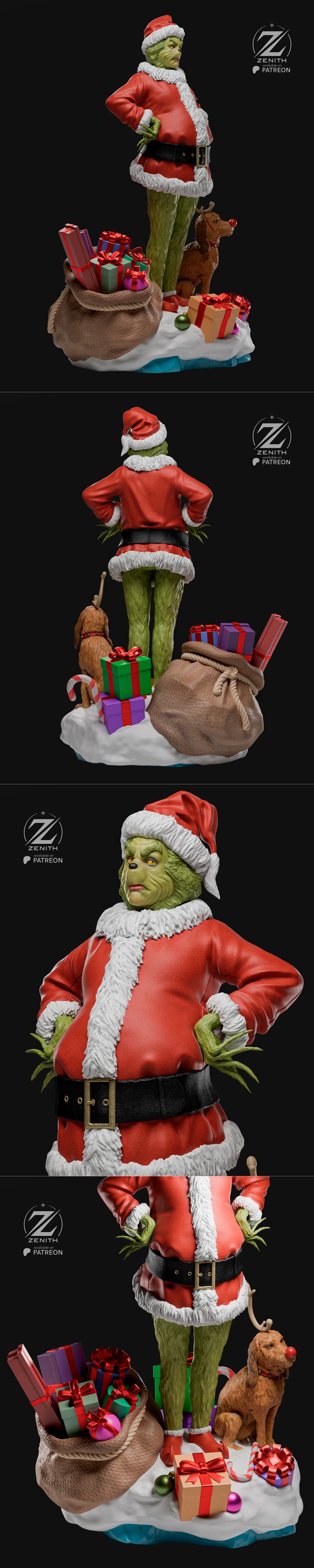 Grinch in a Santa suit with a sack of gifts and his dog Max on a snowy base, 3D model by Zenith Studios.
