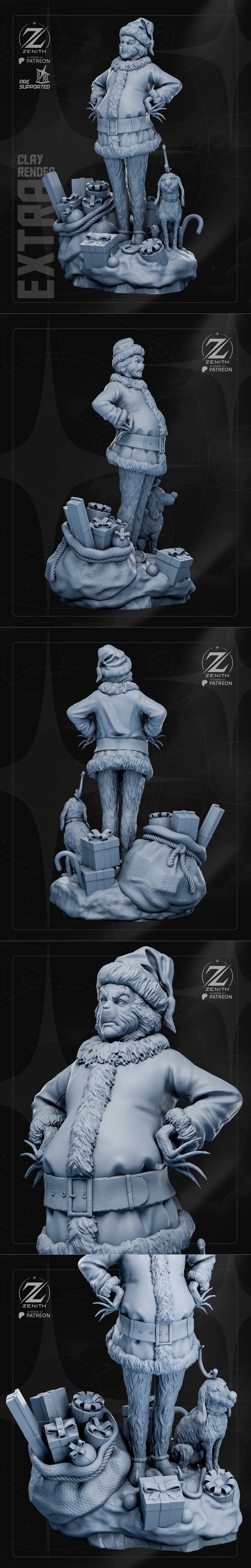 Grinch in a Santa suit with a sack of gifts and his dog Max on a snowy base, 3D model by Zenith Studios.