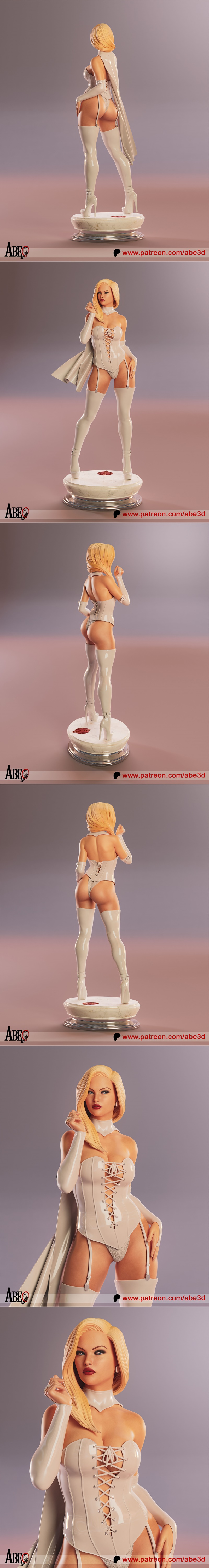 Emma Frost White Queen 3D model by Abe3D, wearing a white corset, thigh-high boots, and cape, standing on a marble base.