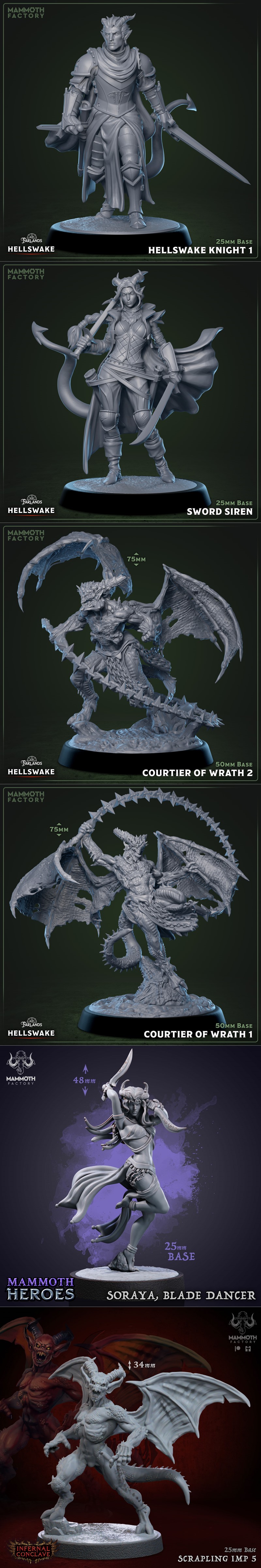 Collection of fantasy 3D printable models from Mammoth Factory, featuring demons, archfiends, warriors, and busts wit...