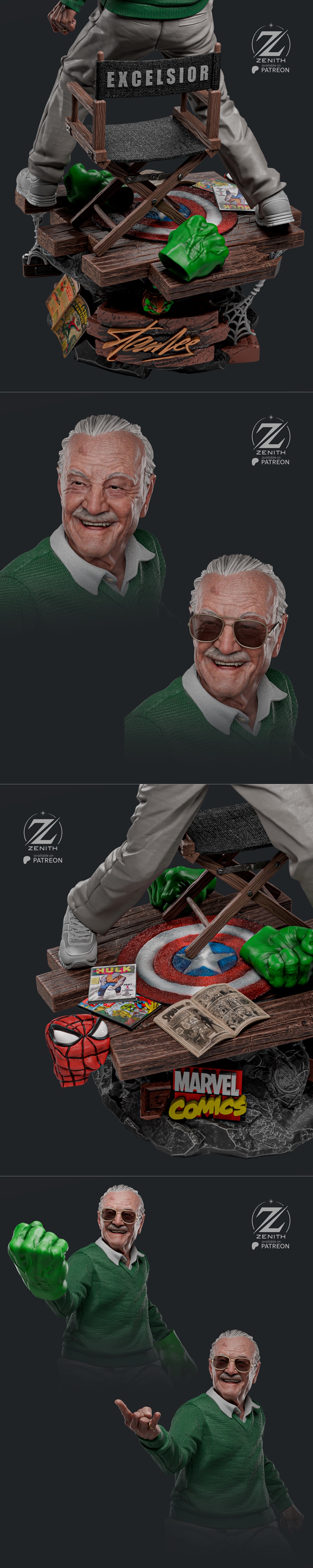 3D model of Stan Lee in a green sweater and tan pants, striking a pose with comic book elements like Captain America'...