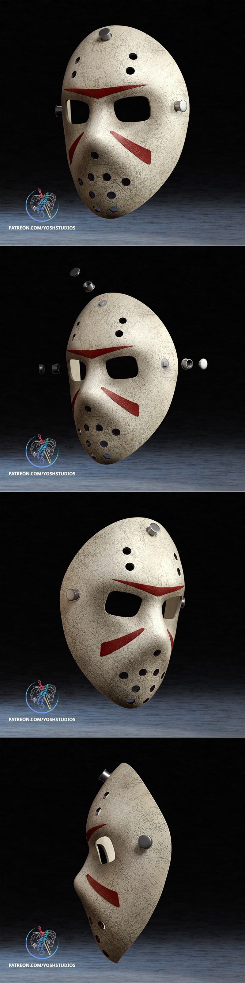Close-up of a weathered white hockey mask with red markings and ventilation holes, a 3D printable model by Yoshstudios.