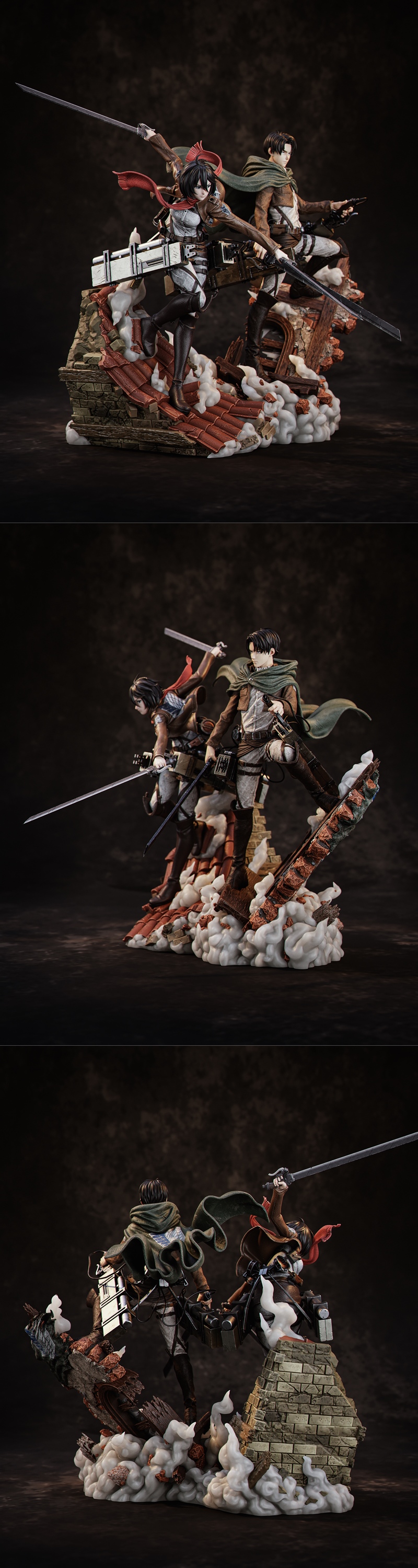 Mikasa Ackerman and Levi Ackerman diorama from Attack on Titan, posed dynamically on a rubble base, wearing Survey Co...