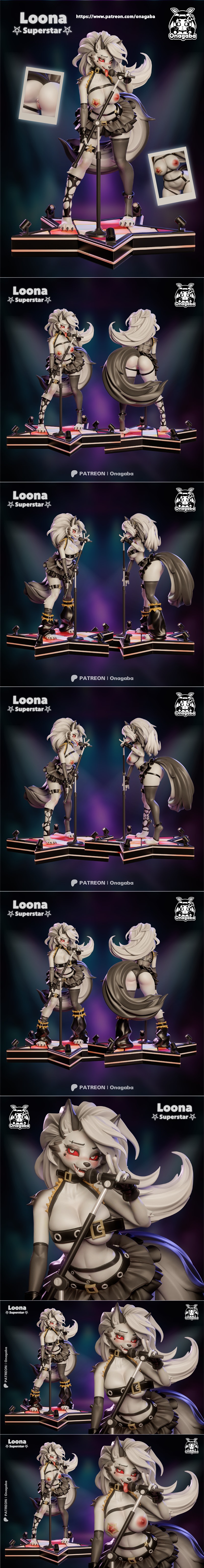 3D model of Loona from Helluva Boss as a singer on stage, holding a microphone, wearing a punk outfit. Includes inset...
