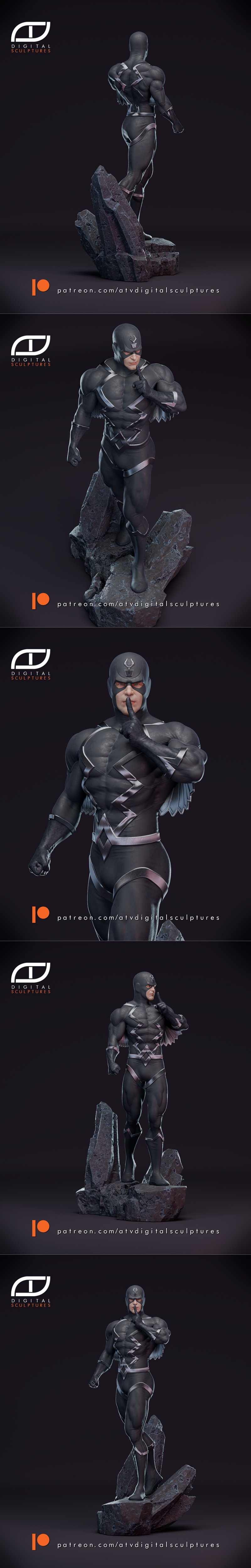 3D model of Marvel's Black Bolt and Medusa standing on a rocky base. Black Bolt wears a black suit and has a finger t...