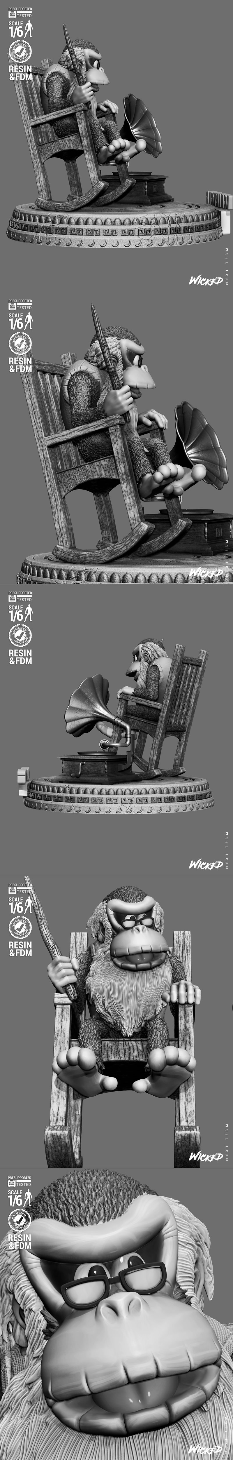 Cranky Kong figure in a rocking chair, holding a cane, with a gramophone and "Donkey Kong Country" logo bas...