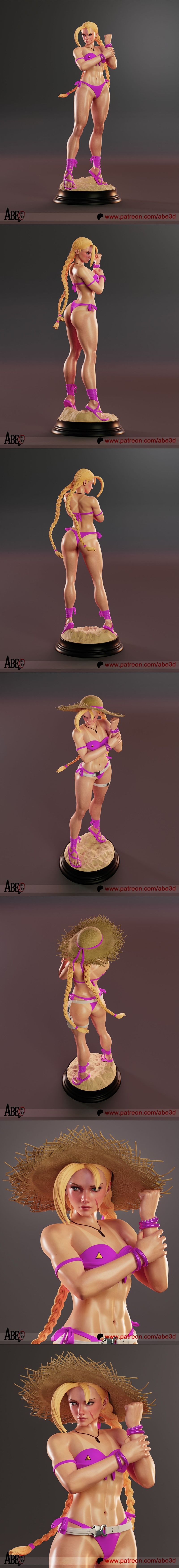 3D model of Cammy from Street Fighter 6 in a pink bikini and straw hat, standing on a sandy base.