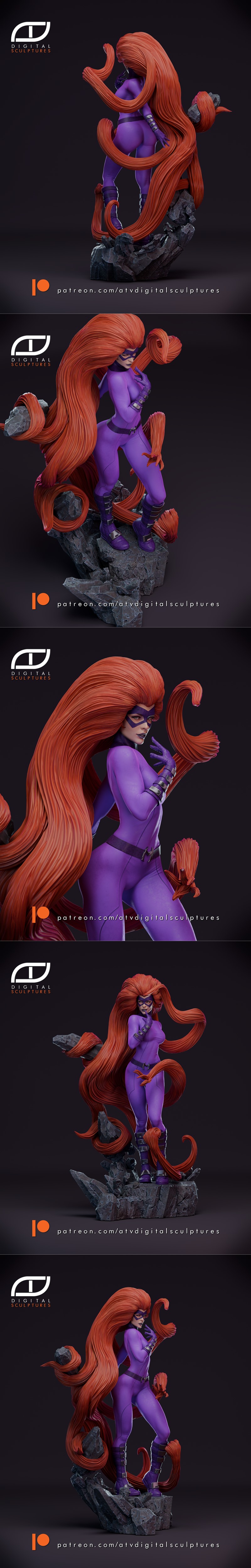 3D model of Marvel's Black Bolt and Medusa standing on a rocky base. Black Bolt wears a black suit and has a finger t...