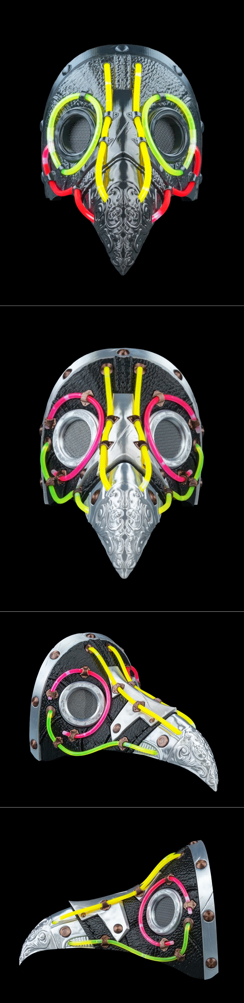 3D printable Neon Plague mask with silver filigree beak and neon pink, yellow, and green tubes around eye lenses.
