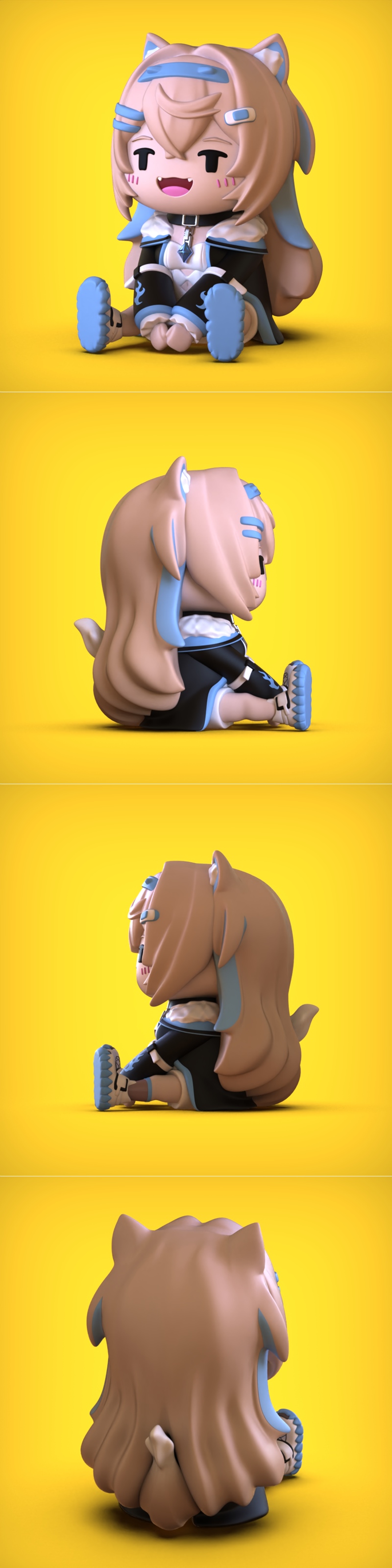 Chibi Fuwawa 3D model figure, sitting with legs crossed, wearing a white outfit with blue trim and a black collar. Fe...