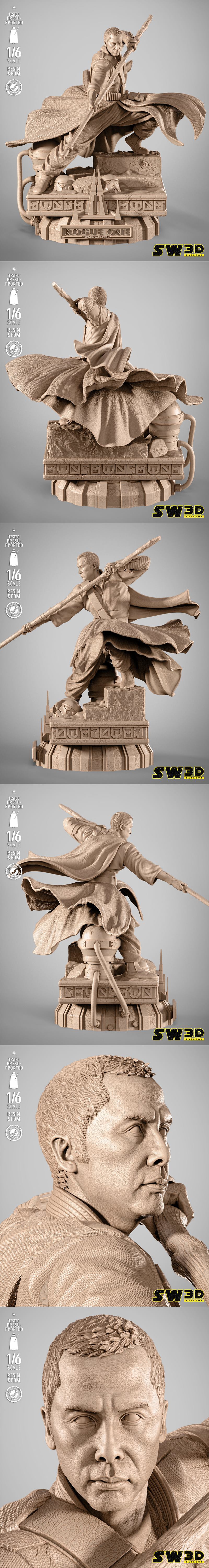 Chirrut Imwe sculpture in a dynamic pose with a staff, standing on a diorama base with stormtrooper helmets and &quot...