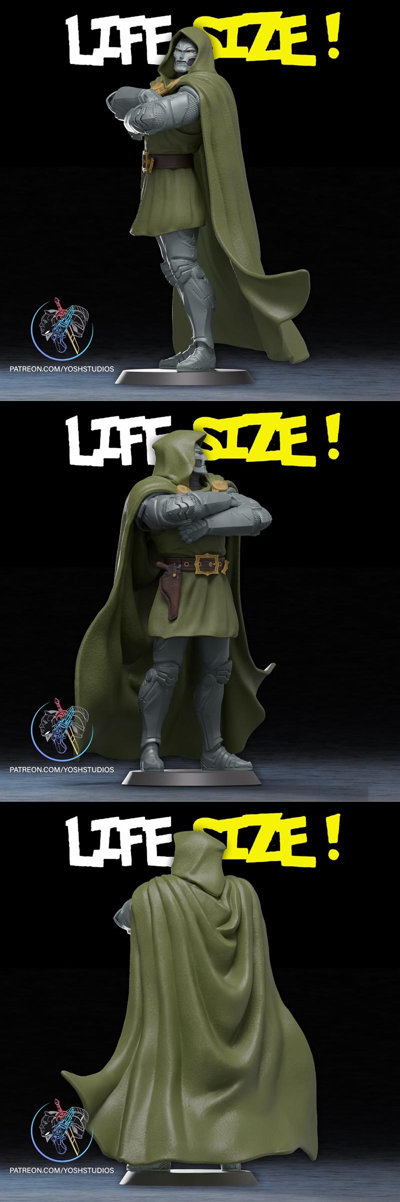 Doctor Doom statue with arms crossed, wearing a green cape and metallic armor, including a full face mask.