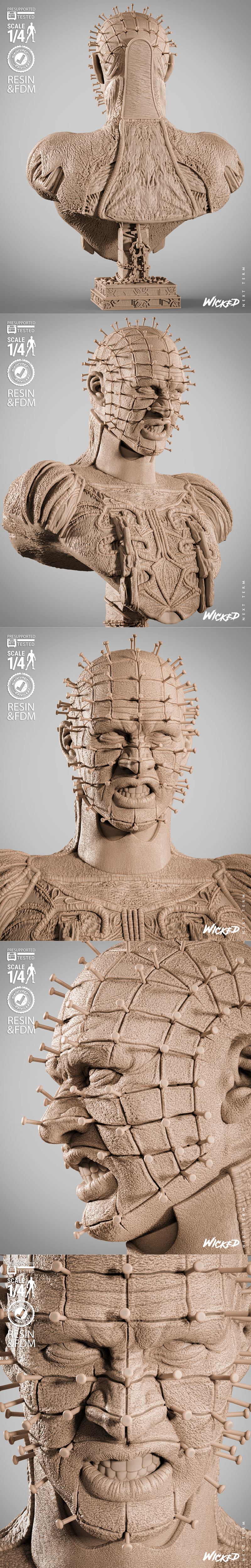 Pinhead portrait bust 3D model, scale 1:4, featuring intricate facial details with pins and a highly textured, ornate...