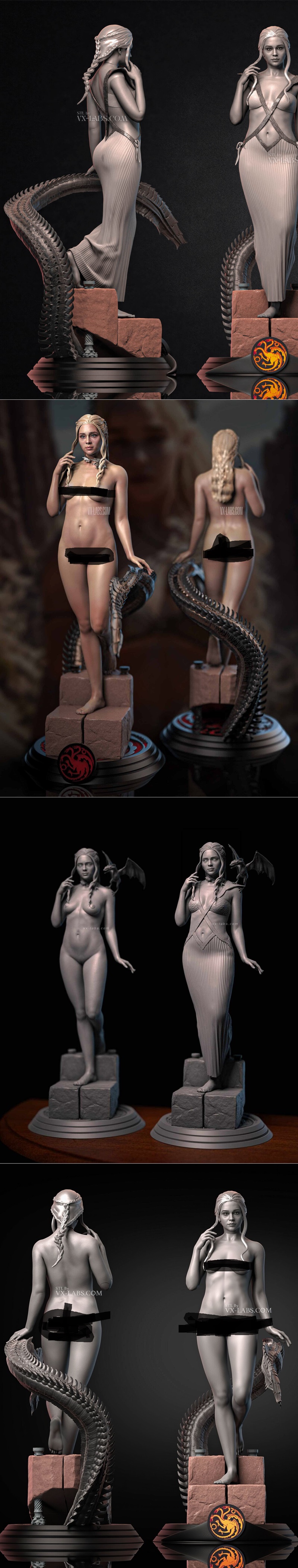 Daenerys Targaryen 3D model, front and back views. Front: blonde braided hair, white and blue dress, dragon coiled. B...