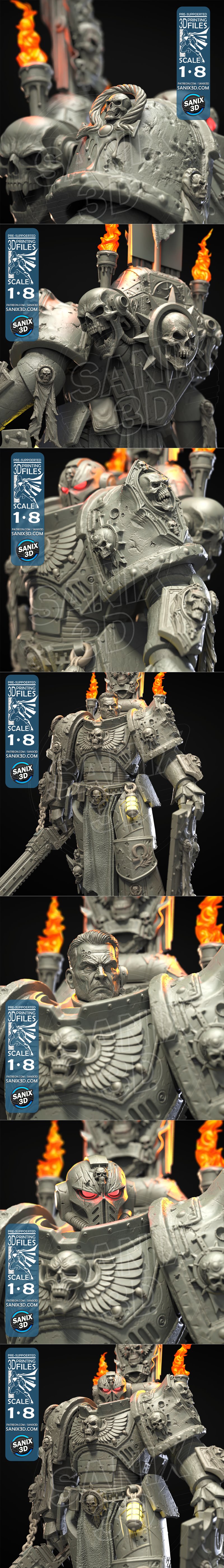 Close-up of a grimdark sci-fi warrior figure in detailed power armor, holding a chainsword, with flames on its should...