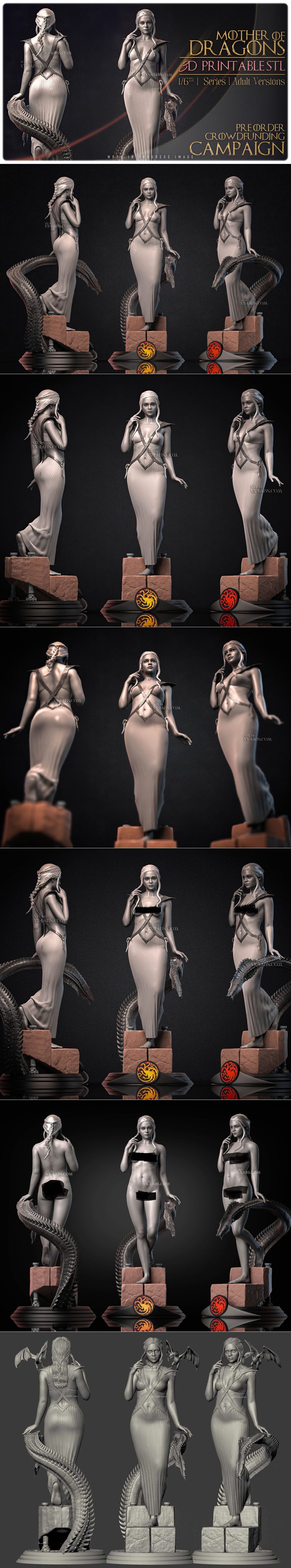 Daenerys Targaryen 3D model, front and back views. Front: blonde braided hair, white and blue dress, dragon coiled. B...