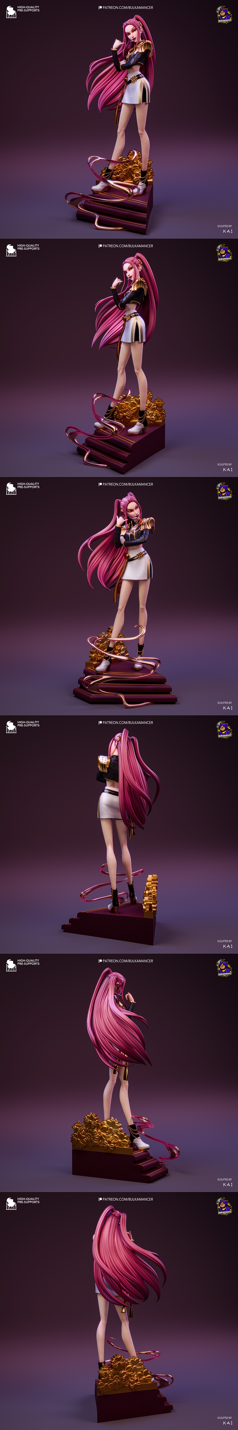 Mira figure with long pink hair, wearing a black and gold ornate jacket and a white skirt, striking a pose with her h...