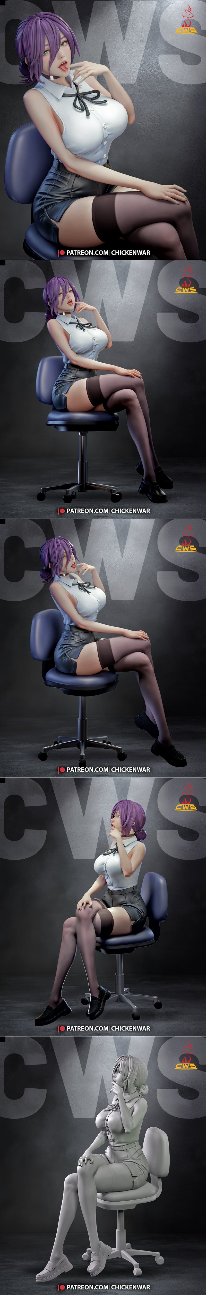 Reze from Chainsaw Man anime, seated figure with purple hair, green eyes, wearing a white shirt, black skirt, and sto...